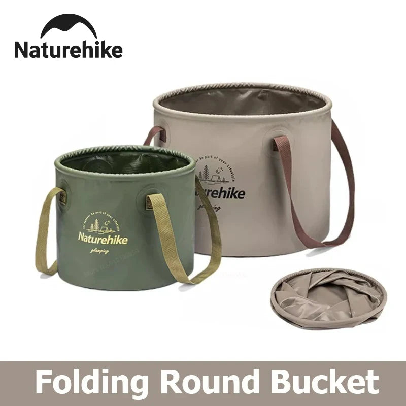 Naturehike foldable round bucket set, waterproof handheld camping storage, green and beige with straps (2)