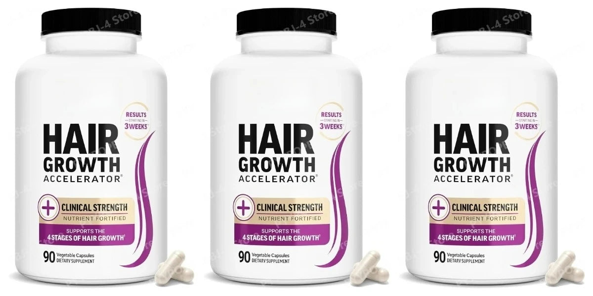 Hair Growth Accelerator capsules, three white bottles with black caps, 90 vegetarian capsules per bottle.