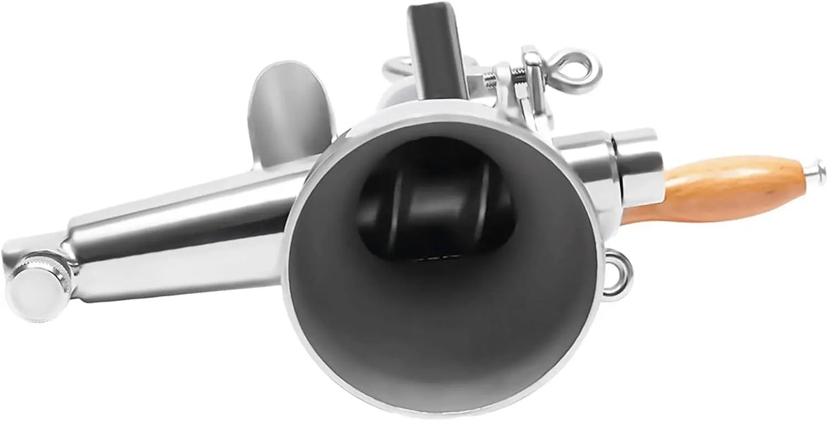 Manual wheatgrass juicer by S And B Enterprise; stainless steel unit with wooden handle.