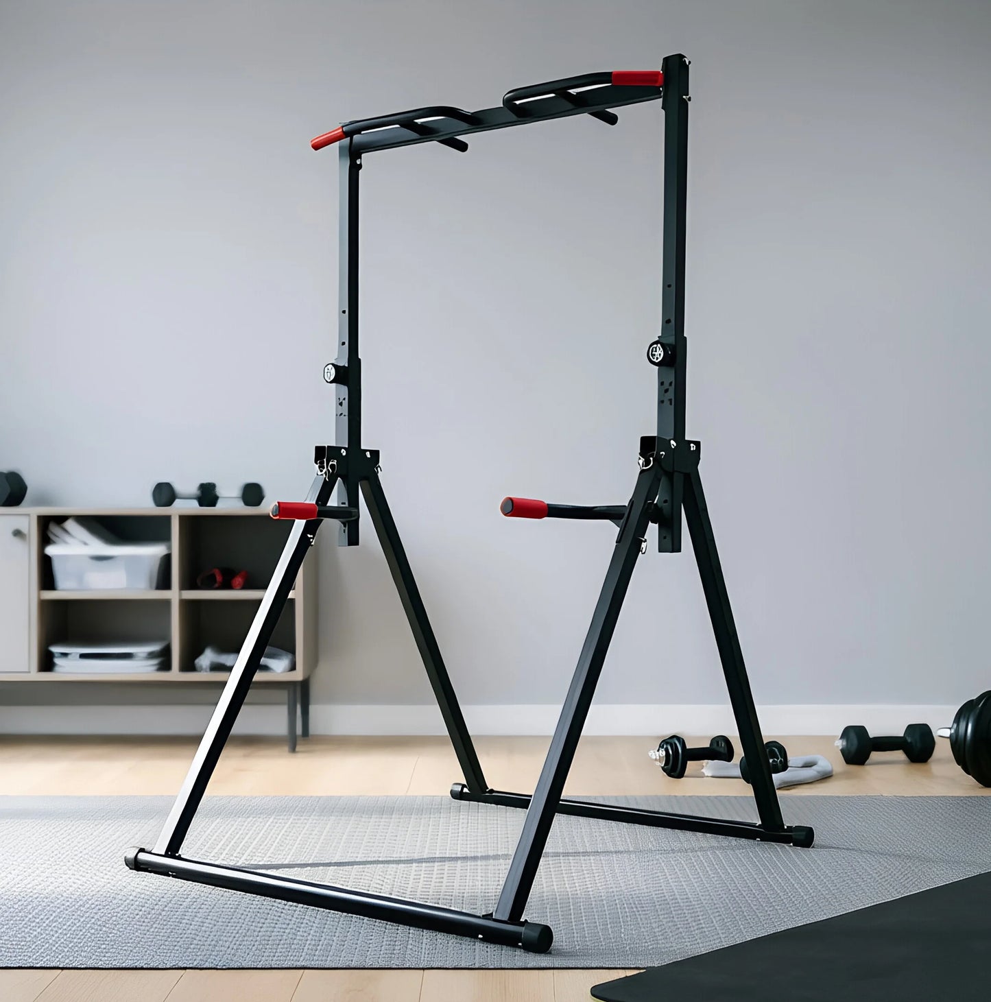S And B Enterprise adjustable pull-up bar foldable home gym with black metal frame, parallel bars, red grips, 200kg load