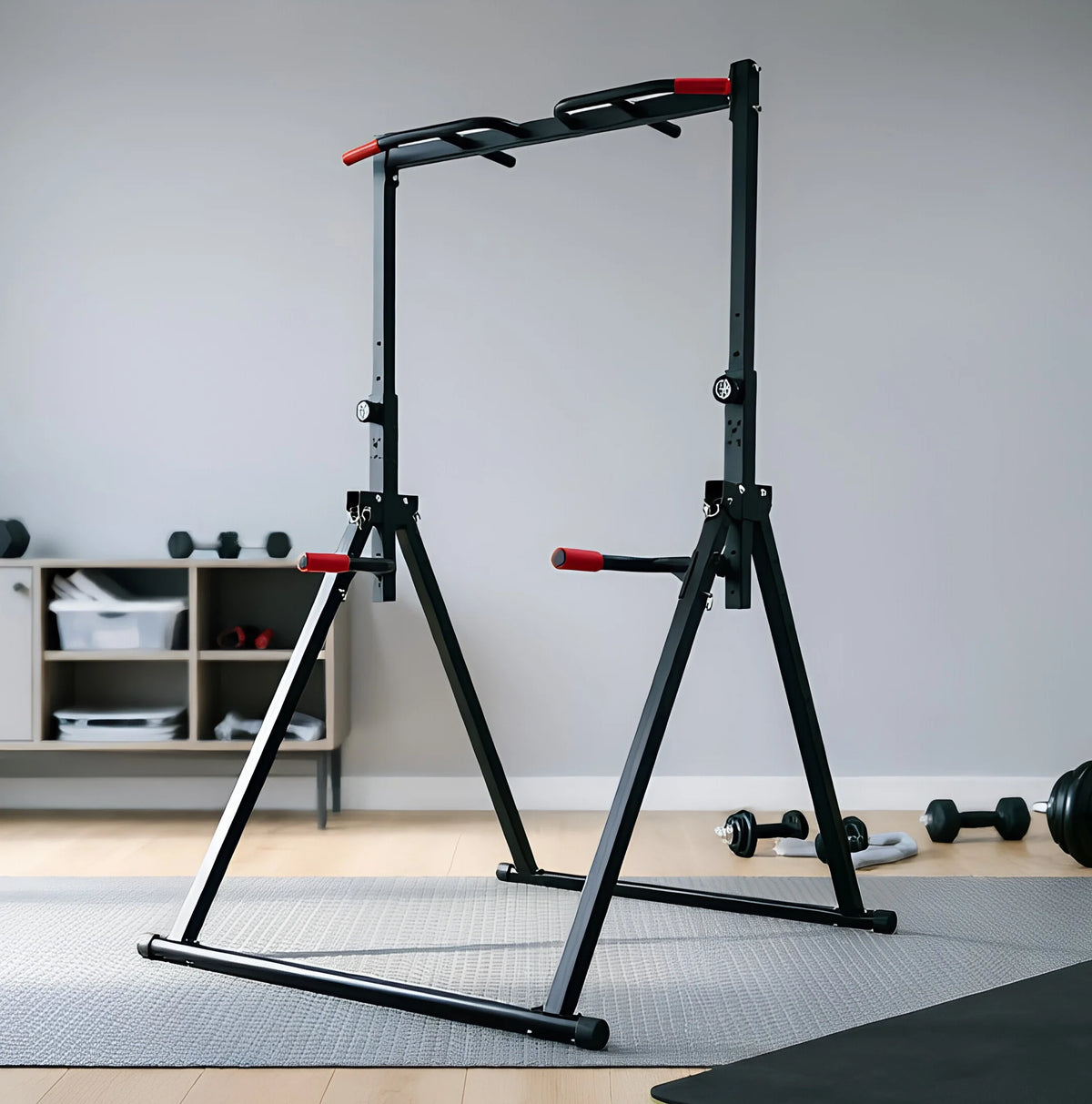 S And B Enterprise adjustable pull-up bar foldable home gym with black metal frame, parallel bars, red grips, 200kg load