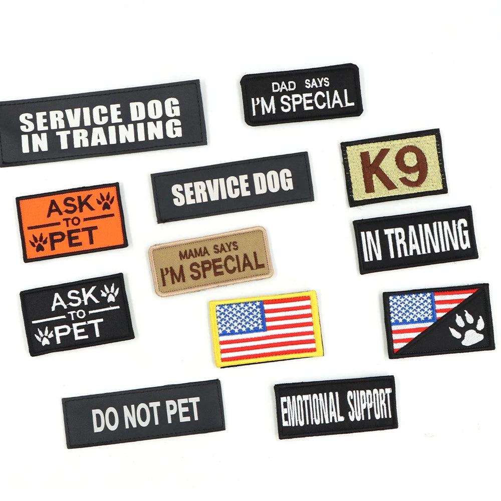 Dog patches set for harness; black patches with white text plus USA flag patches by S And B Enterprise.