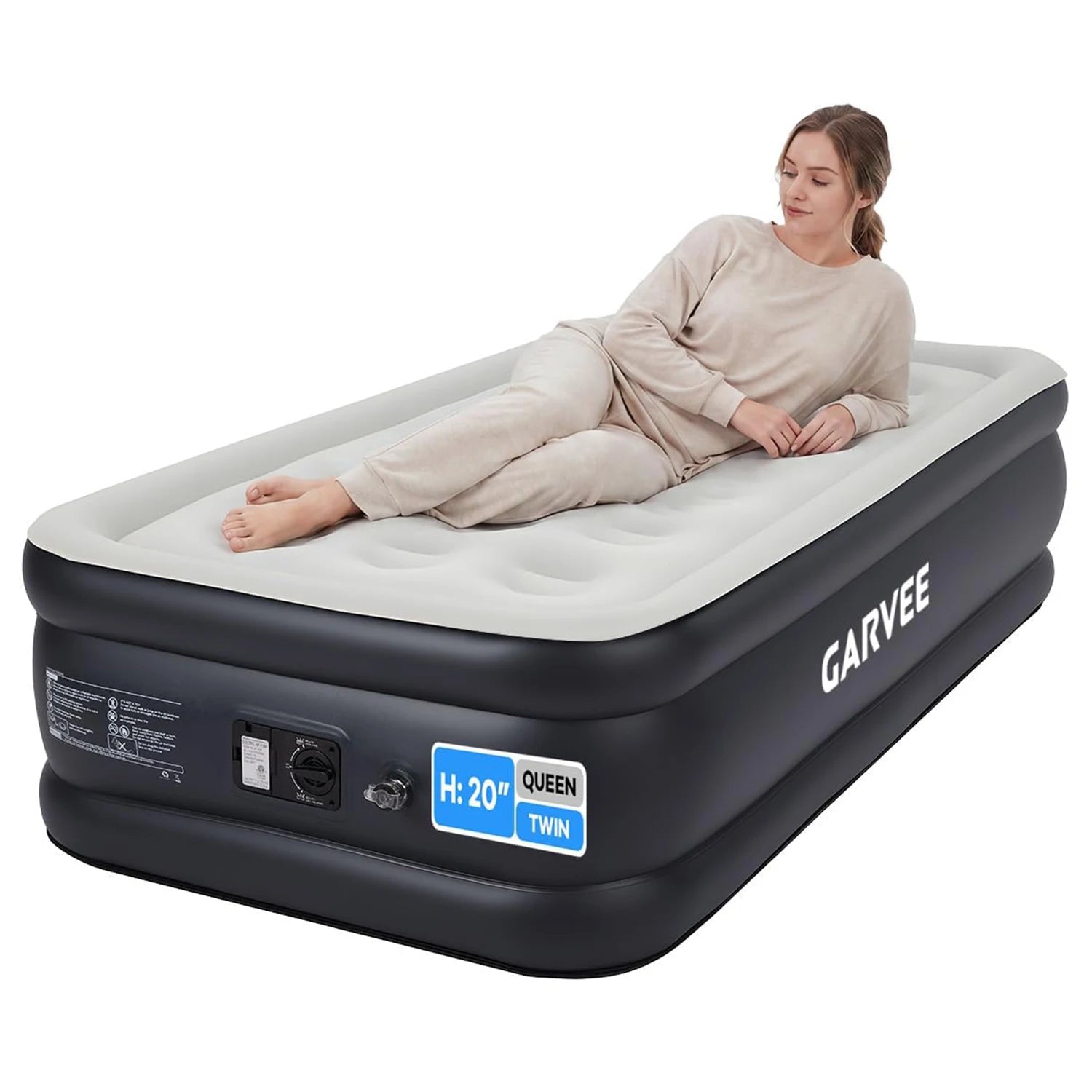 GARVEE 20in raised air mattress, queen/twin with built-in pump, gray top and dark base, inflatable guest bed