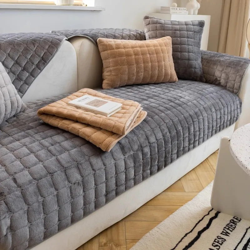 Plush Plaid Velvet Sofa Cushion Cover With Non Slip by S And B Enterprise