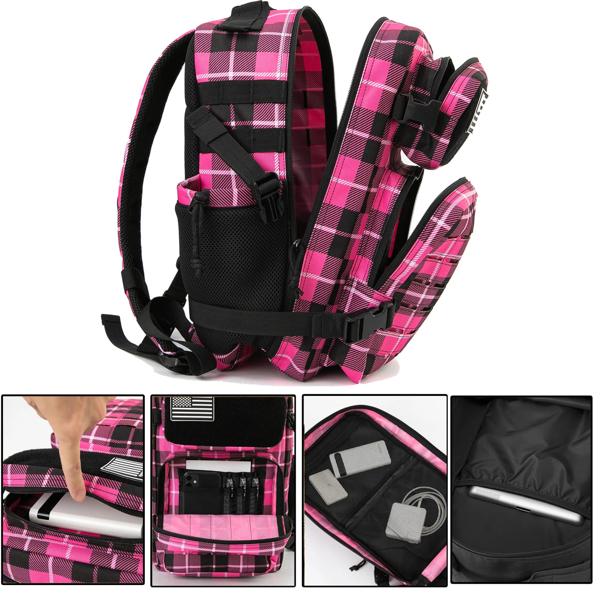 Pink plaid 25L tactical backpack by S And B Enterprise with padded back and multiple pockets