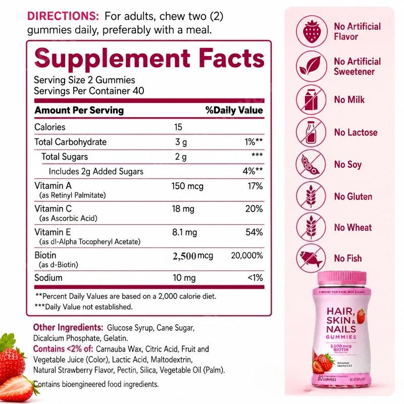 Hair Skin Nails Gummies with Biotin 2500 Mcg Vitamins A C E Strawberry Flavored Daily Beauty Support 80 Gummies by S And B Enterprise