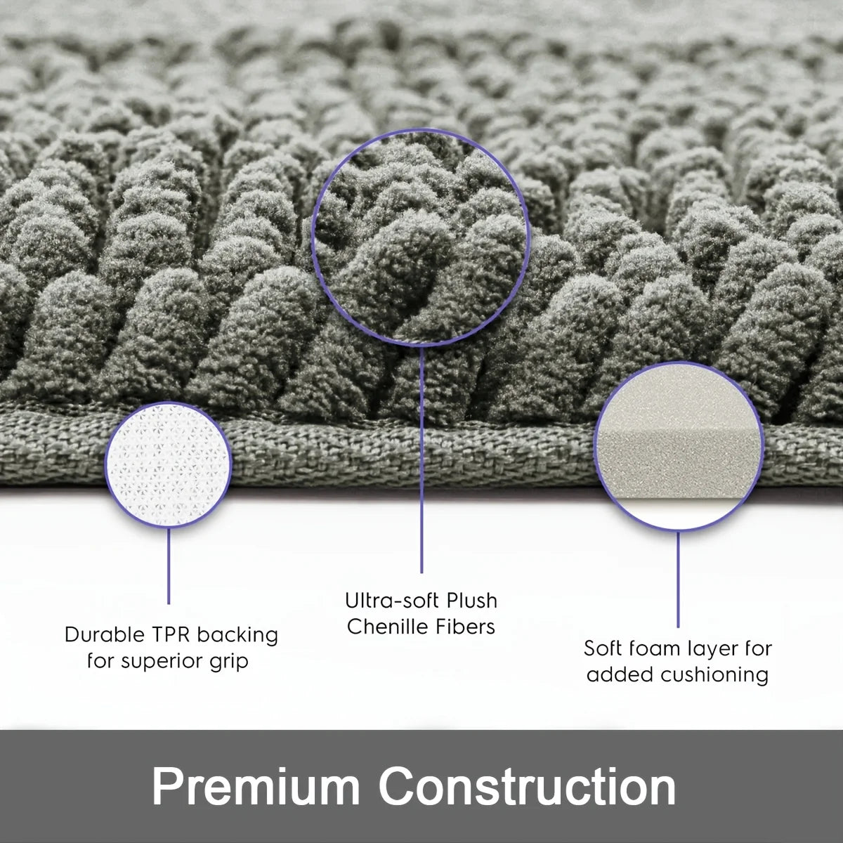 XM-Luvetoria Ultra Soft Chenille Bath Mat Super Absorbent Machine Washable