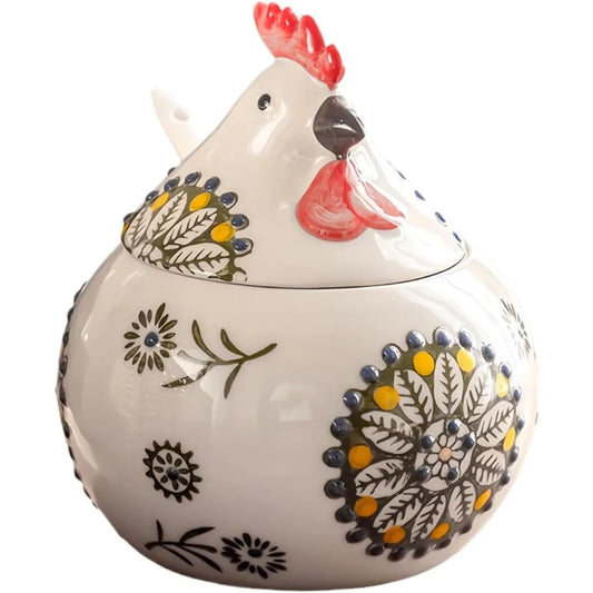Porcelain Salt Cellar With Lid And Spoon Floral Chicken Design by S And B Enterprise