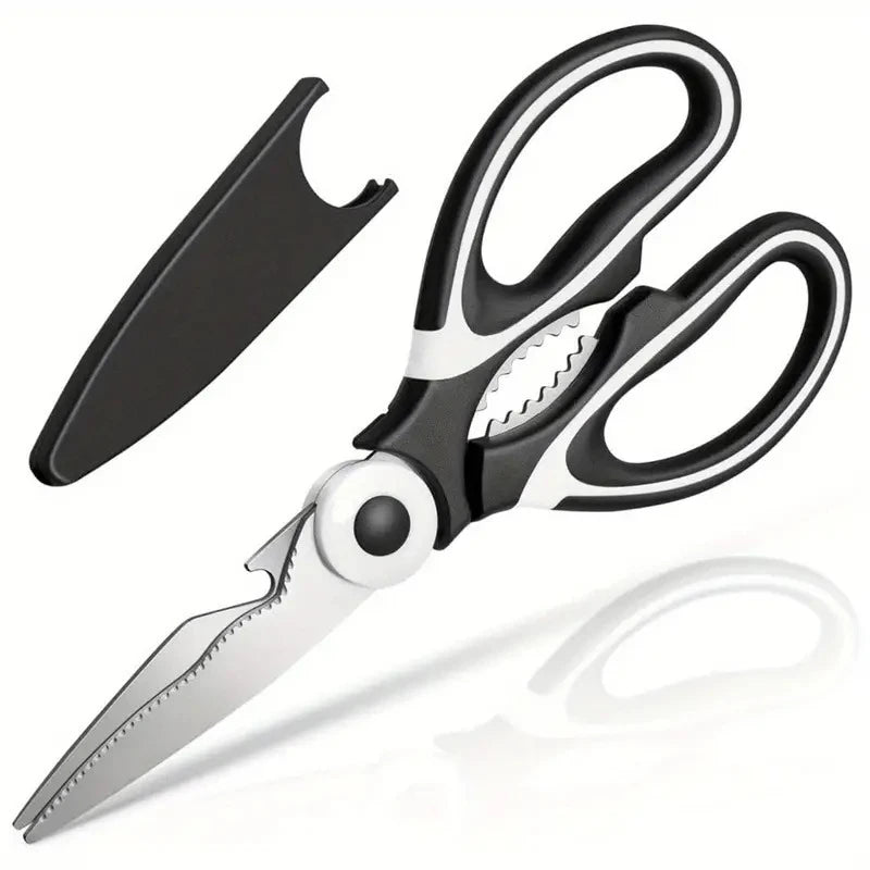 Multifunctional stainless steel kitchen scissors with black ergonomic handles and protective sheath.