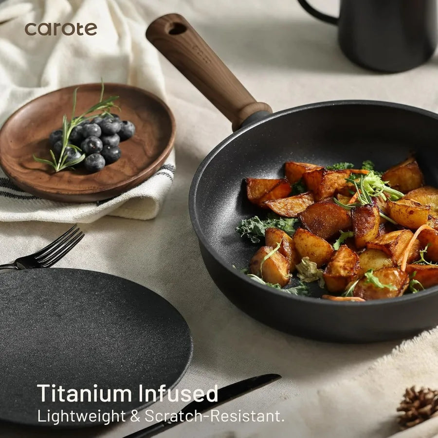 Nonstick pots and pans set, carote, induction cookware, black with frying pan.