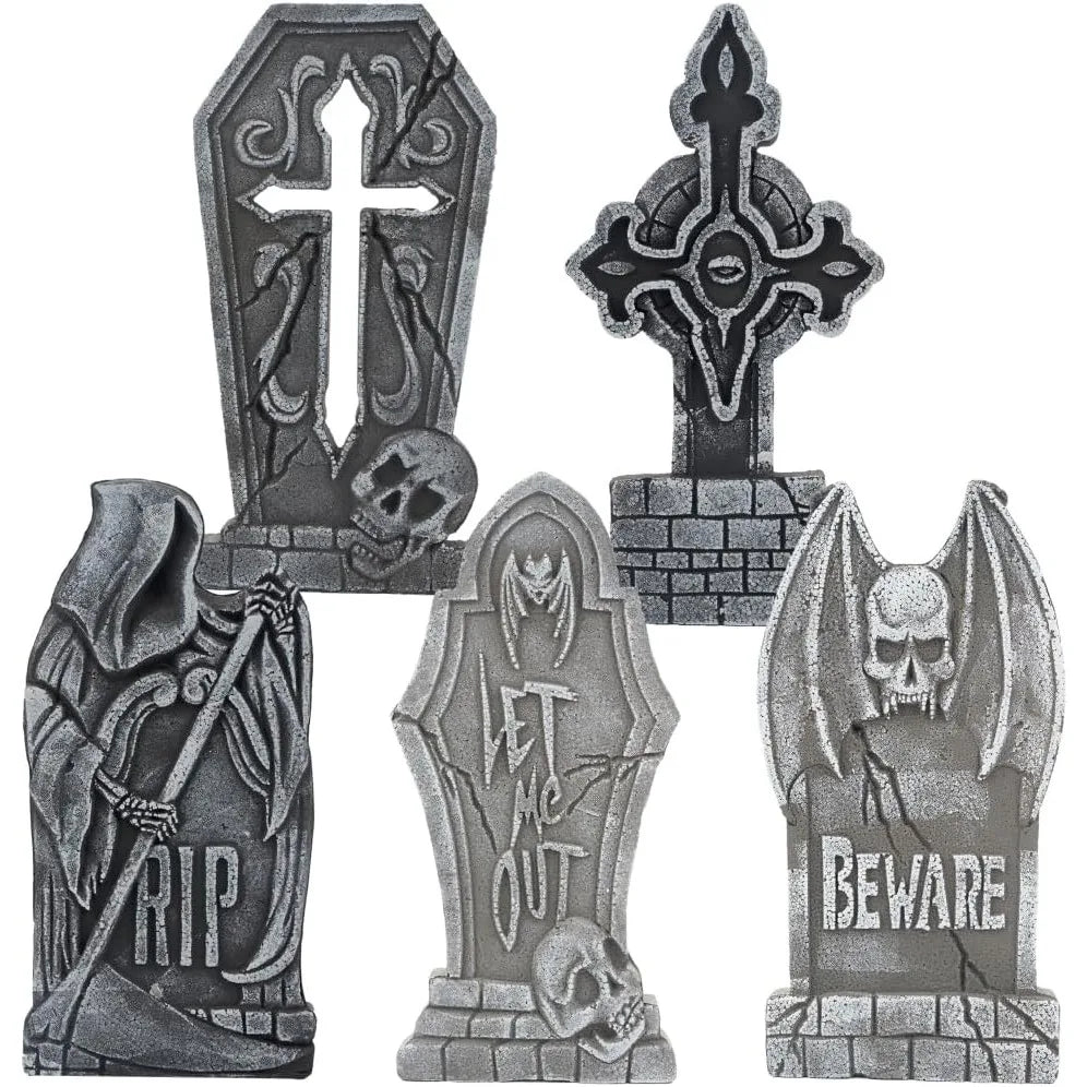 S And B Enterprise 5-pack 17in foam Halloween tombstones for yard decor; gray stone finish with cross, skulls, and grave markers