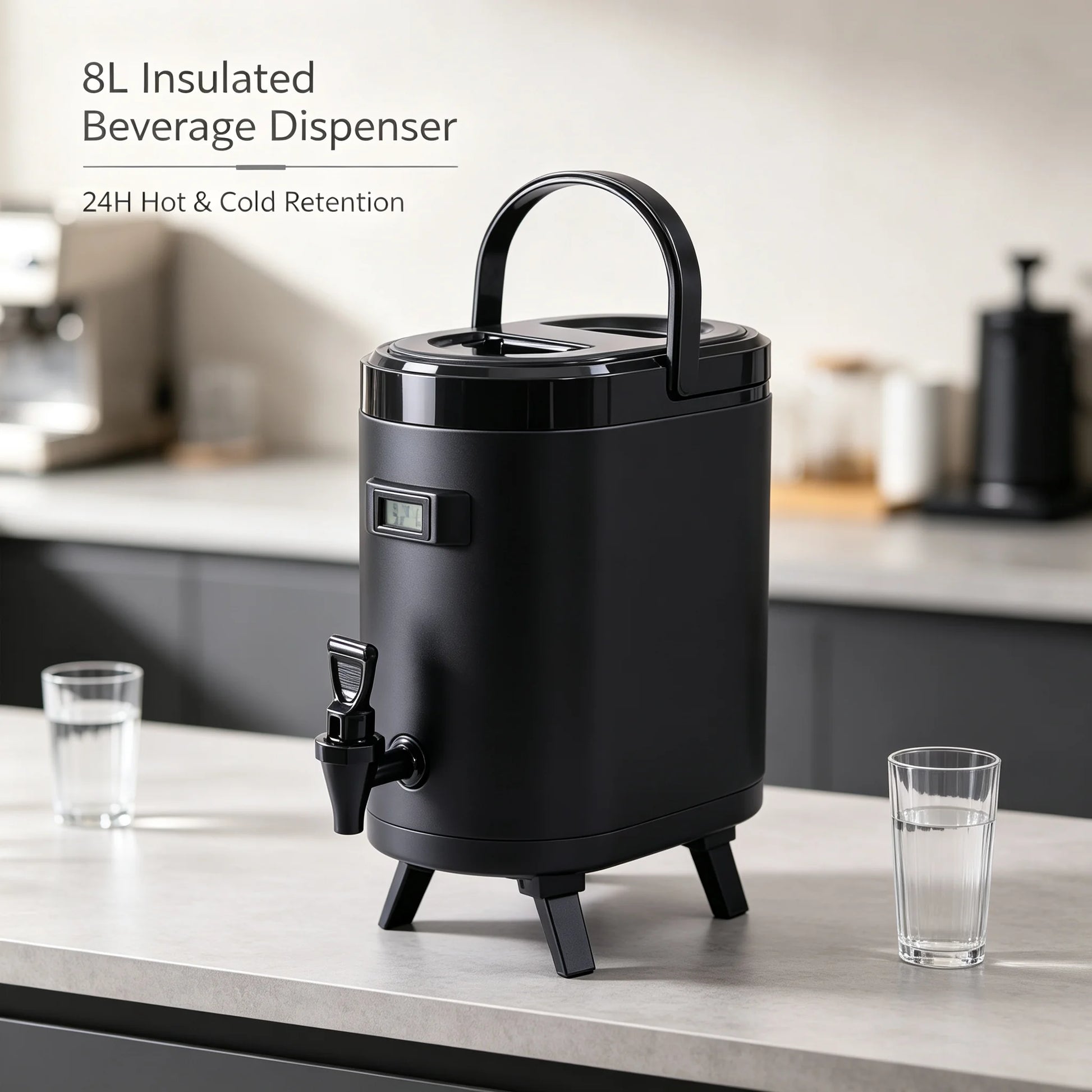 Insulated Beverage Dispenser 8L/2.11Gal, Hot & Cold Water Jug with Faucet & Thermometer, 24H Temperature Retention, Stainless Steel Liner for Coffee Tea Milk, Black by S And B Enterprise