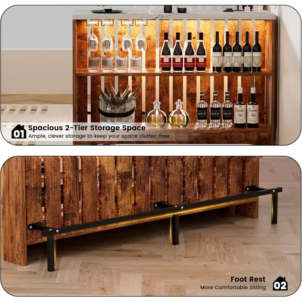 55 Modern Counter Height LED Mini Bar Table with Charging Station & Faux Marble Top for Dining or Living Room by S And B Enterprise