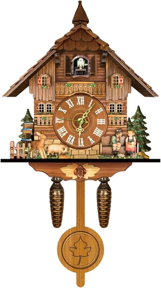 Wooden cuckoo wall clock with chalet-style design, Roman numeral dial, and pinecone weights