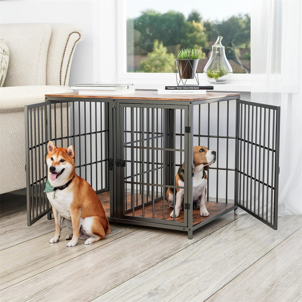 S And B Enterprise dog crate with removable divider and 4 doors; gray metal frame with wooden top