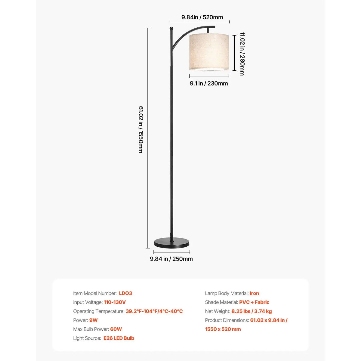 Dimmable floor lamp by S And B Enterprise; modern black iron standing lamp with curved arm and beige fabric shade.