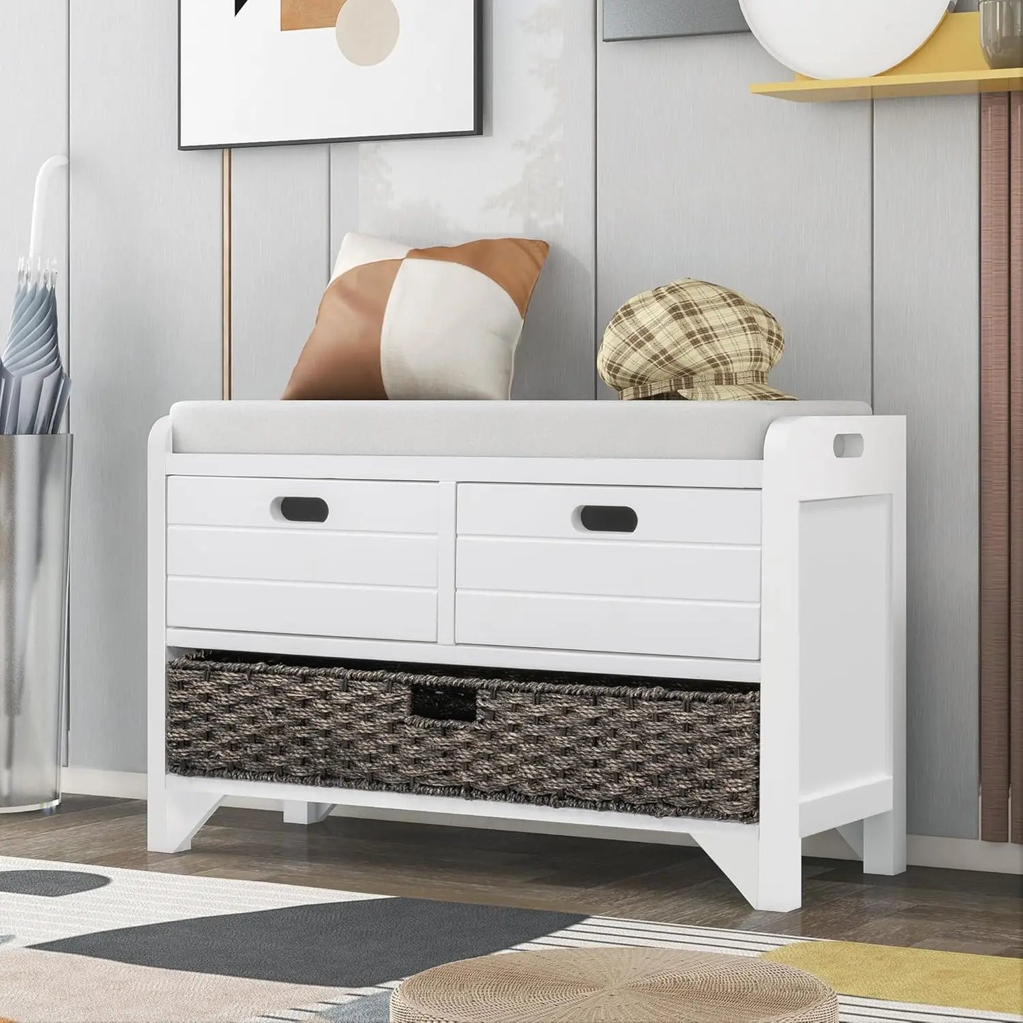 Upholstered Storage Bench for Entryway, Wood Storage Ottoman with Removable Basket and 2 Drawers, Farmhouse Shoe, Customized