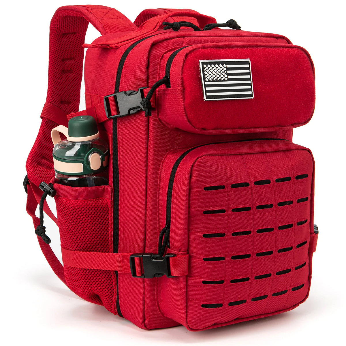 Red 25L tactical backpack with MOLLE webbing, American flag patch, and side water bottle pocket.