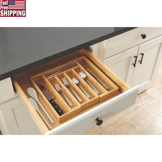Natural Bamboo Expandable Silverware Organizer With Adjustable Compartments