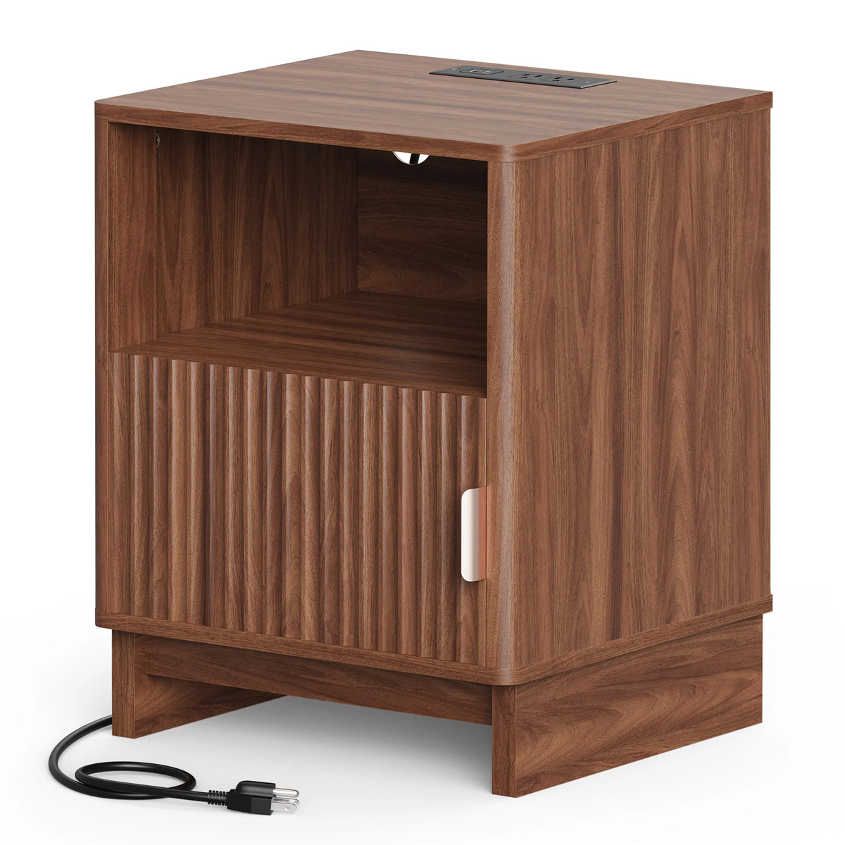 TinyNest nightstand by S And B Enterprise in walnut wood with fluted front, open shelf, and top charging panel
