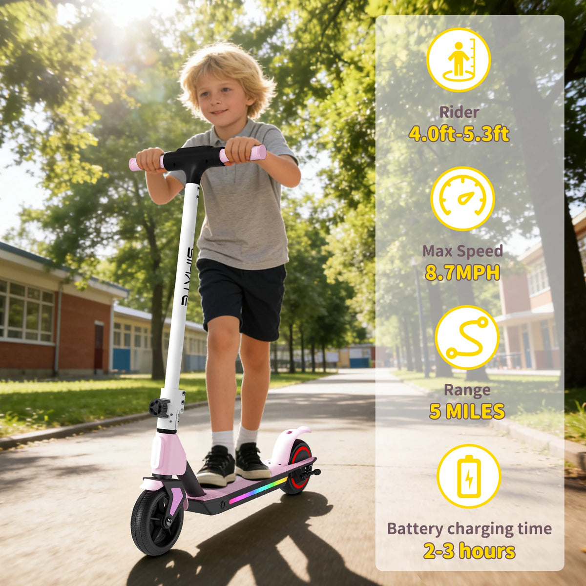 SIMATE kids electric scooter in pink with LED lights, foldable aluminum frame