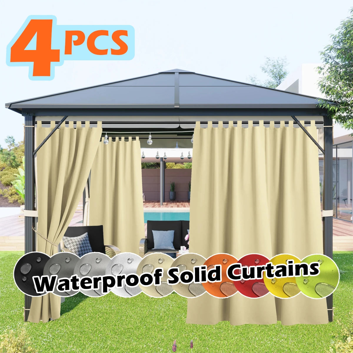4 panels outdoor curtains, waterproof and UV-resistant tan color for gazebo or porch by S And B Enterprise