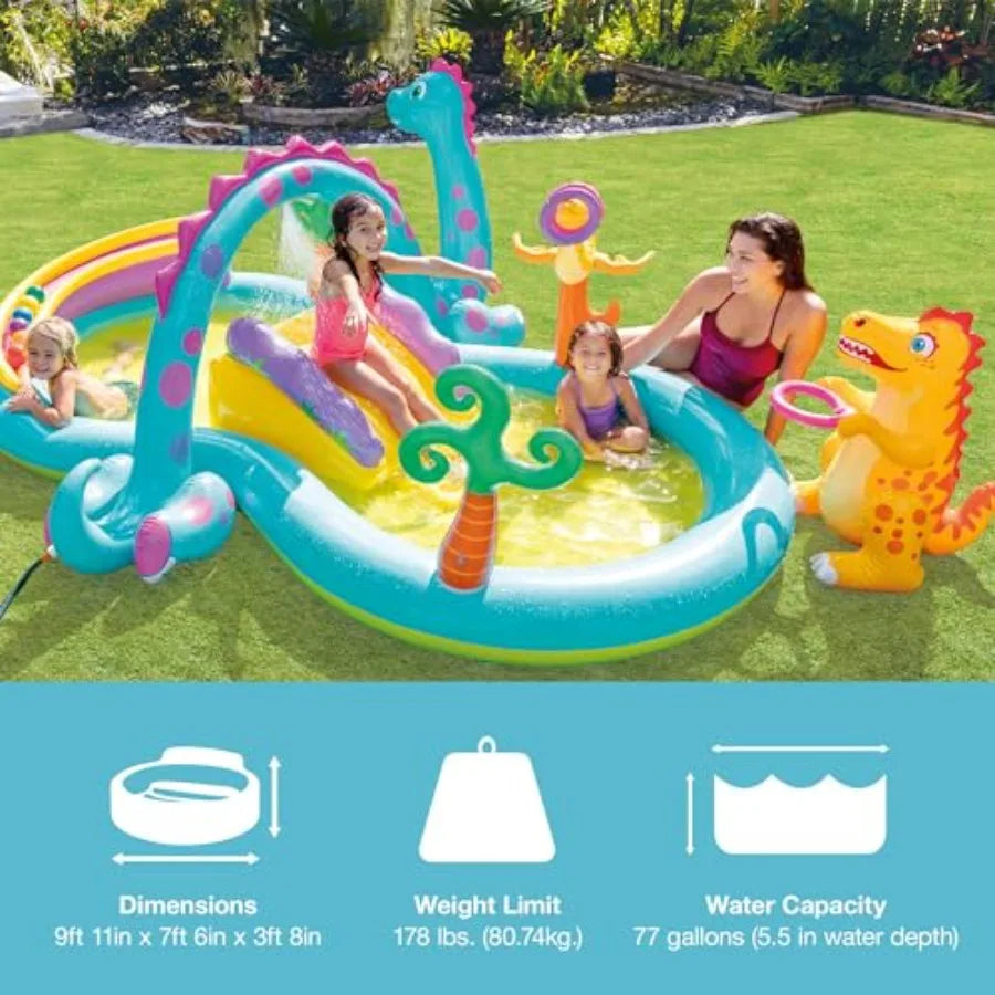 Dinoland Backyard Inflatable Toddler Pool play center with slide and water sprayers, multicolor