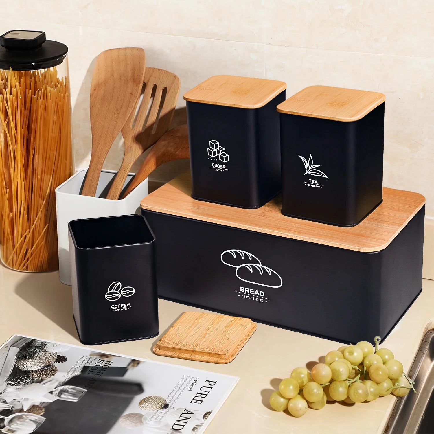 Metal Bread Box With Lidded Jar Set for Kitchen Storage by S And B Enterprise
