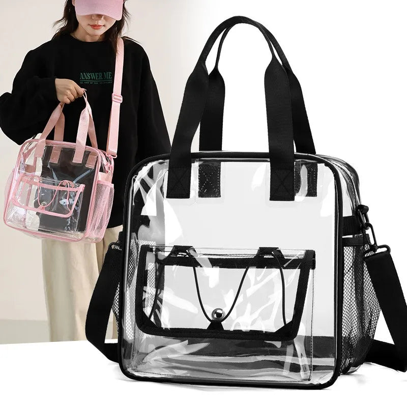 Two PVC transparent swimming bags with black handles; clear crossbody totes for beach and pool with front pocket.