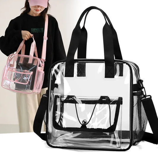 Two PVC transparent swimming bags with black handles; clear crossbody totes for beach and pool with front pocket.