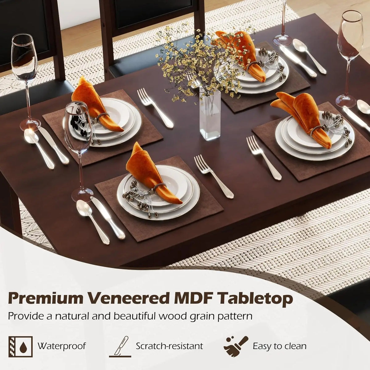 Solid Wood Dining Table Set With Four Upholstered Chairs