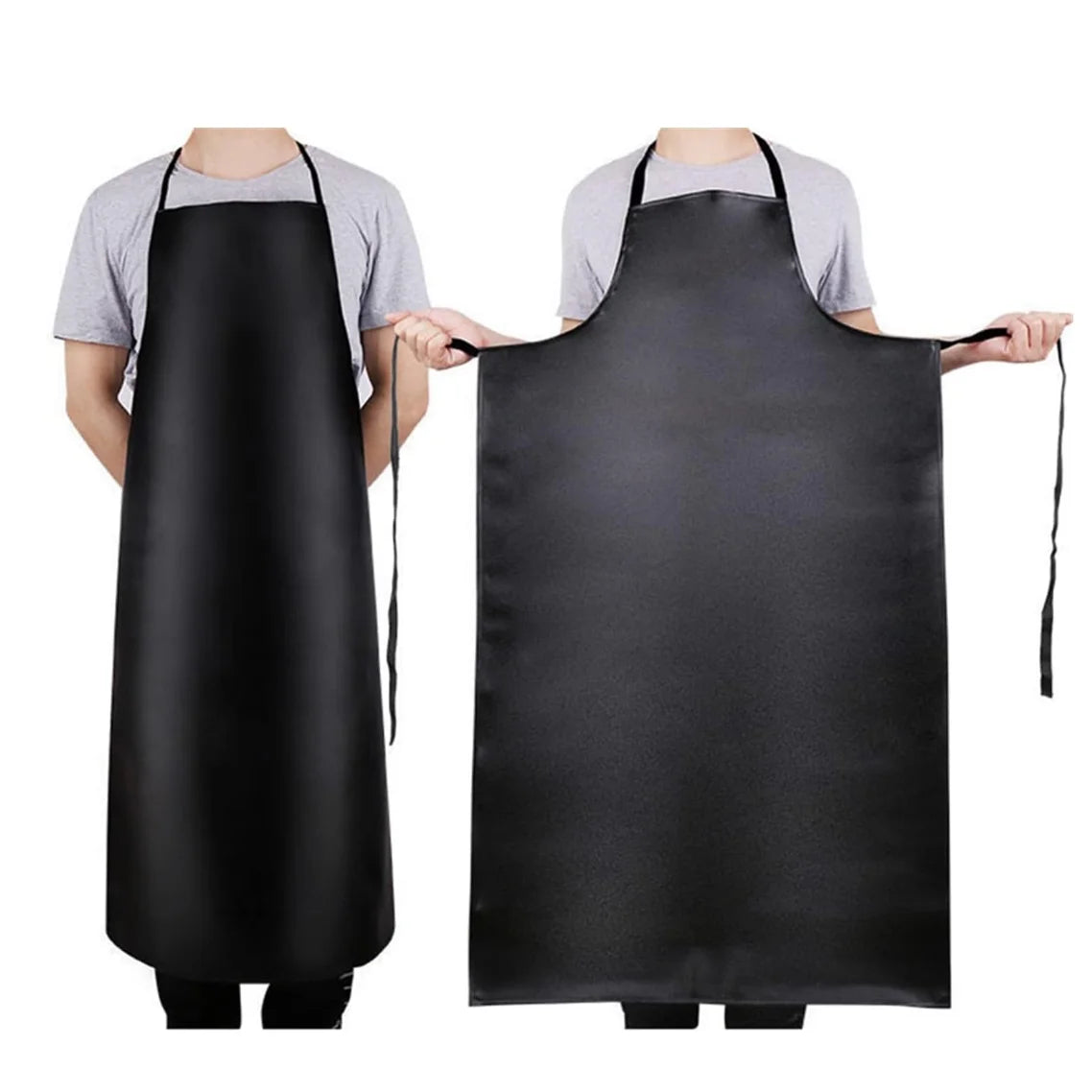 PU leather heavy-duty waterproof 40-inch work apron, black by S And B Enterprise; front and back views.