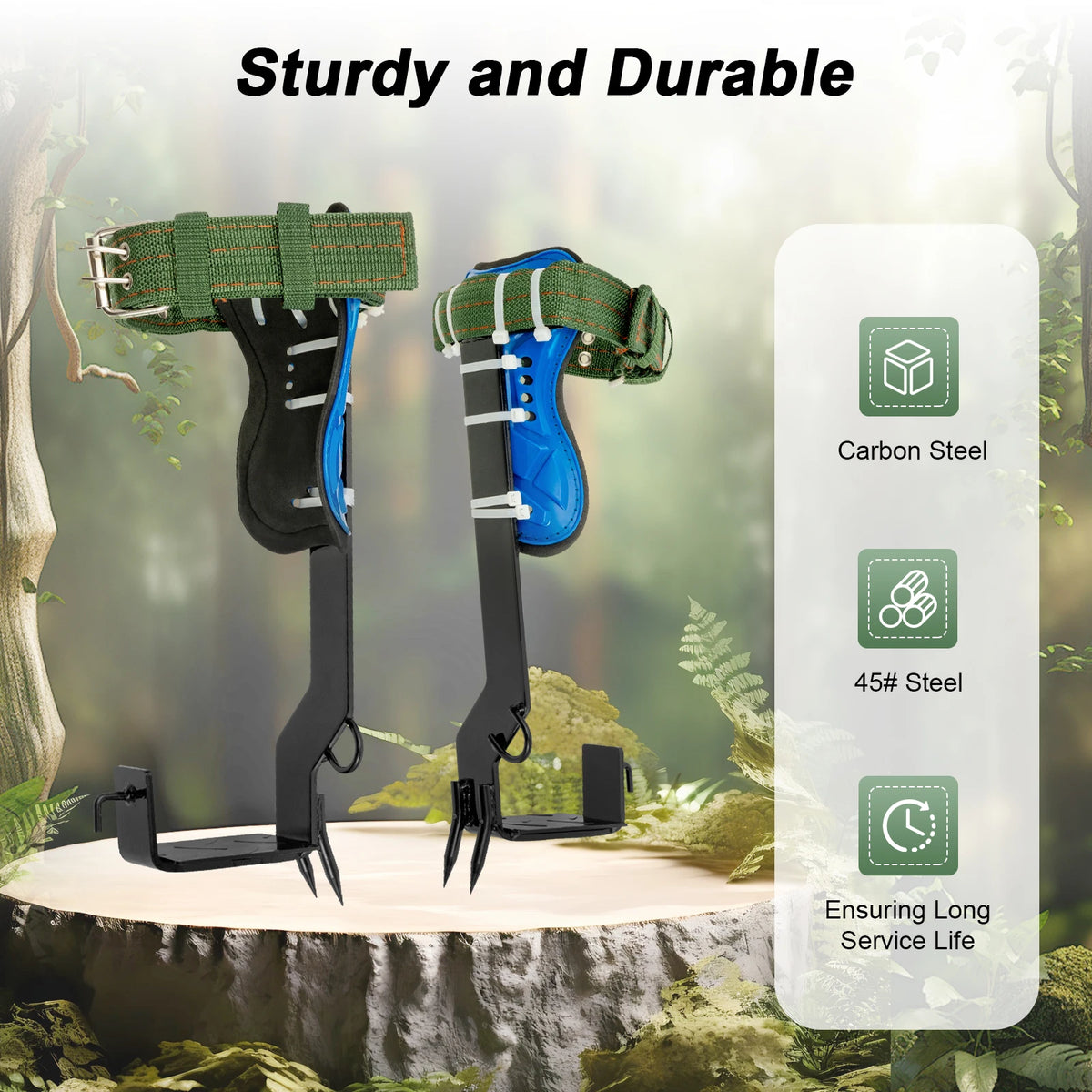 Tree climbing spikes kit by S And B Enterprise with safety harness, gloves, and pair of double-teeth spurs