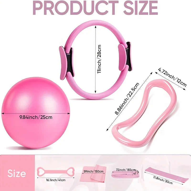 Pink yoga Pilates 5-piece set by S And B Enterprise; includes ring, ball, tube, and home-exercise accessories