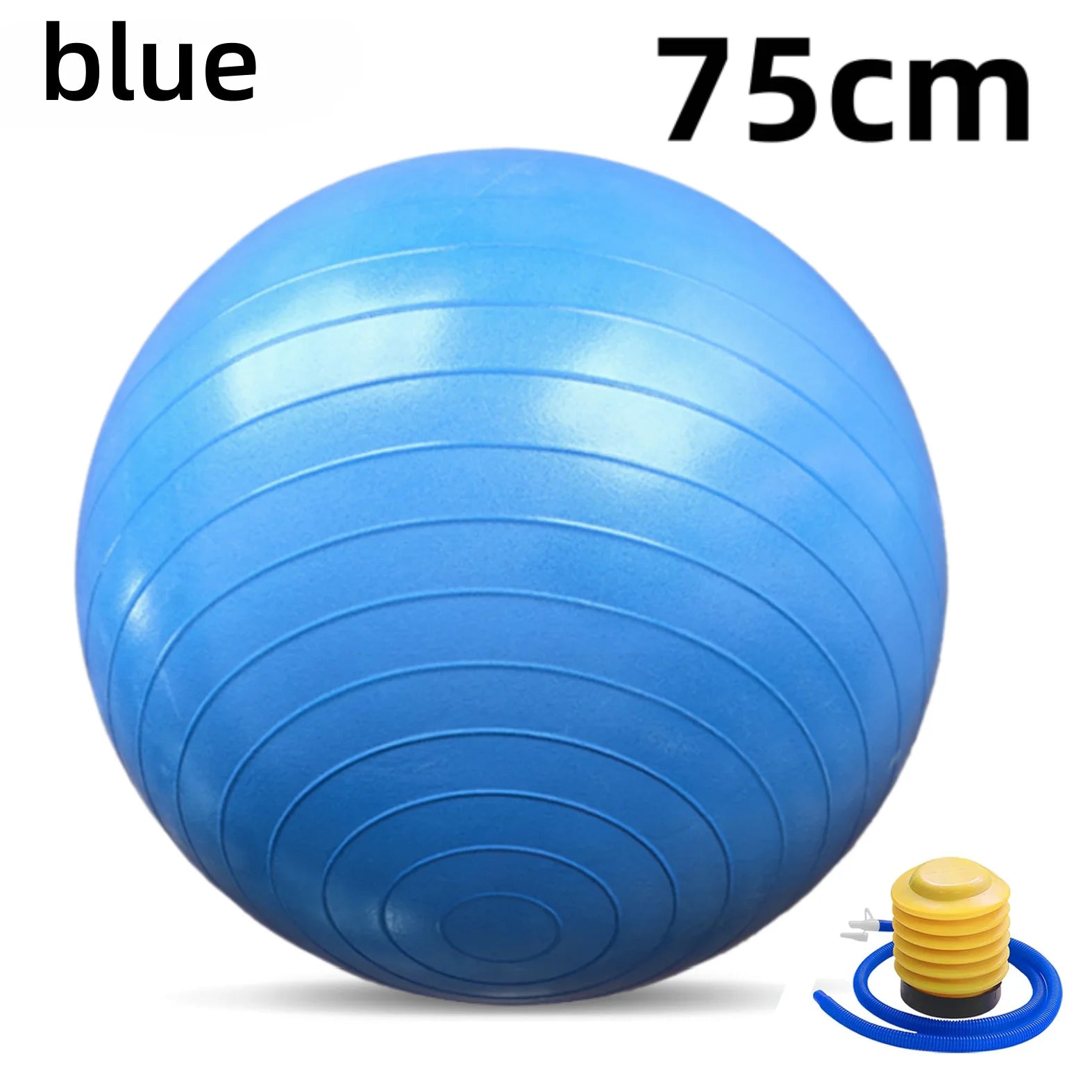 Blue 75cm explosion-proof inflatable yoga ball with yellow hand pump and blue hose (2 items) for gym and home training