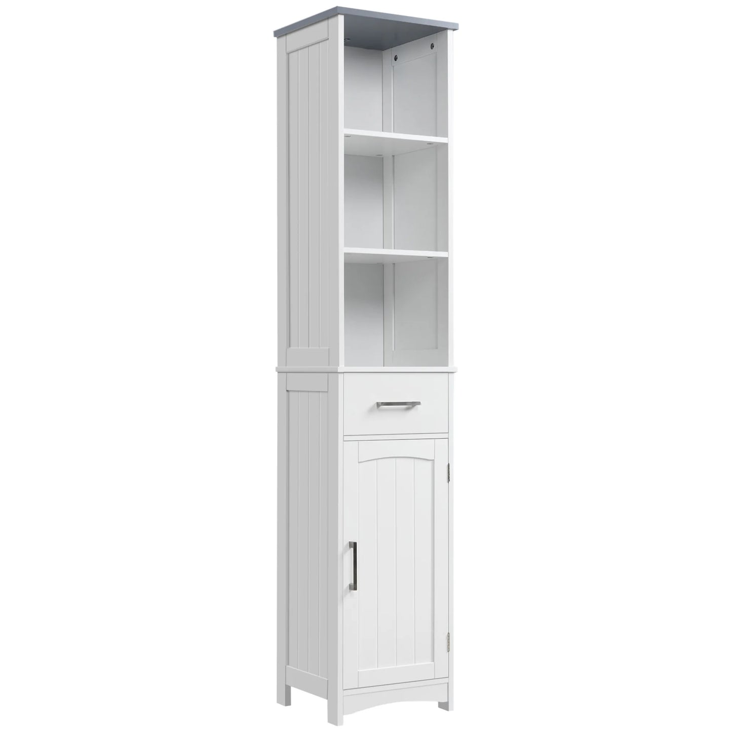 Tall white slim freestanding bathroom cabinet with 3-tier shelving, a drawer and adjustable shelves.