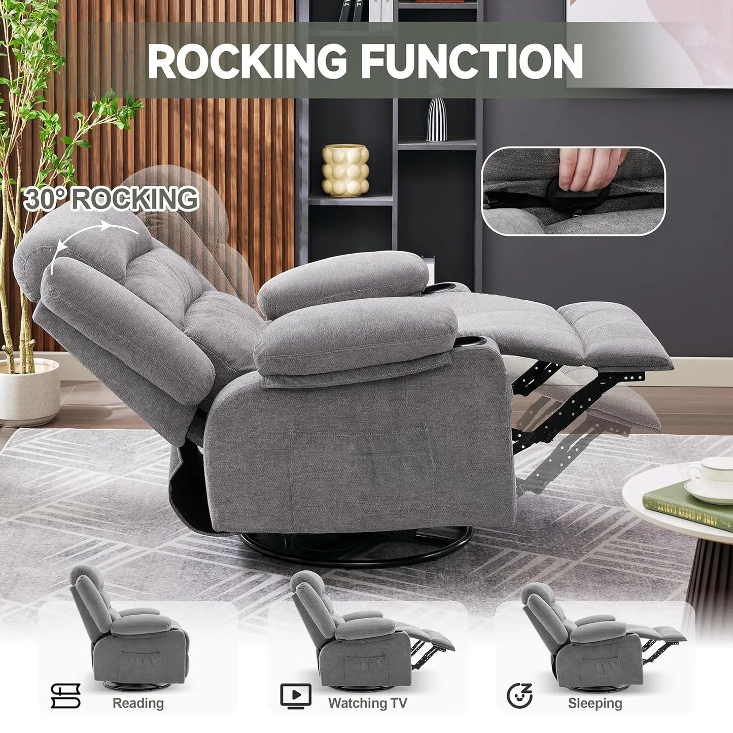 Rocker Recliner Chair With Heat And Massage 360 Swivel