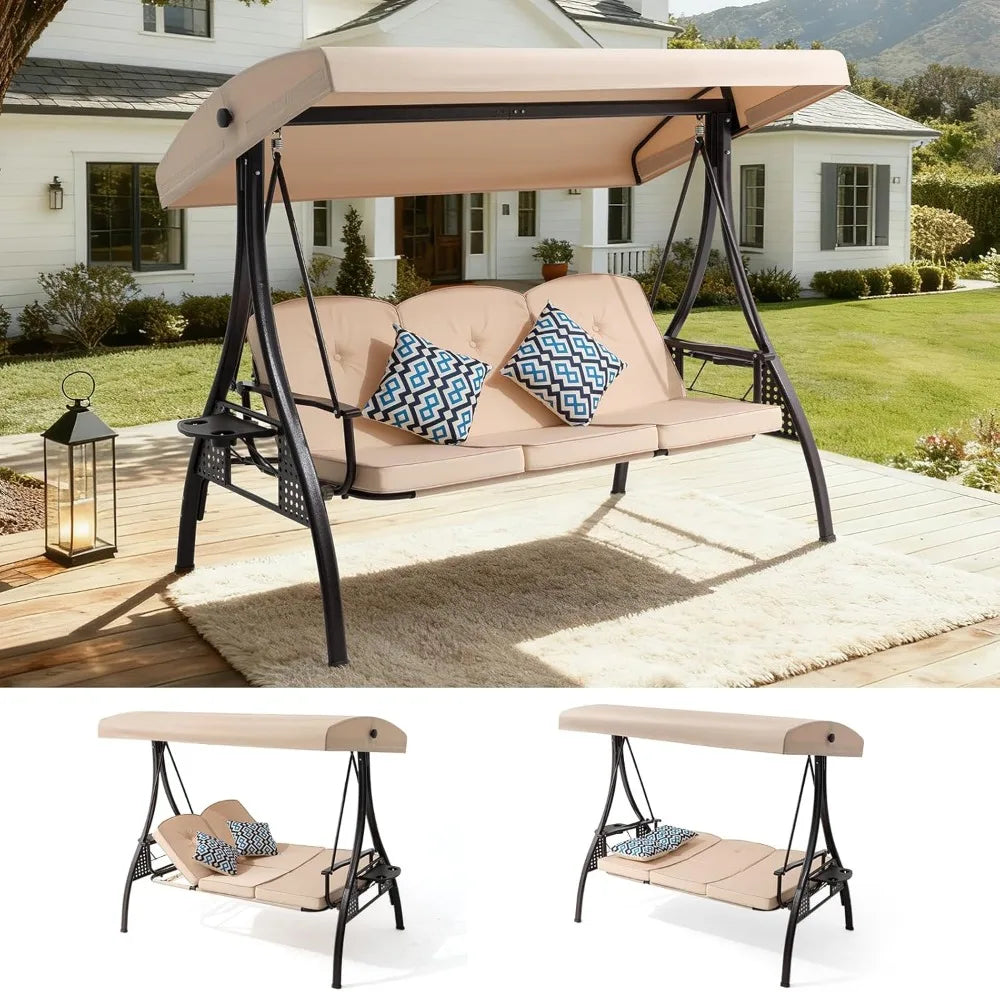 3 Seat Outdoor Porch Patio Swing with Adjustable Canopy& 7-Level Side Seat,Outdoor Swing for Adults,3 in 1, Customized by S And B Enterprise