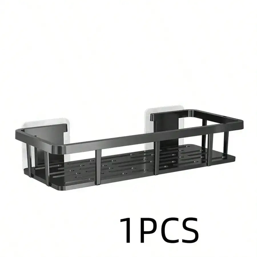 Drill-free wall-mounted bathroom storage shelf, black aluminum by S And B Enterprise