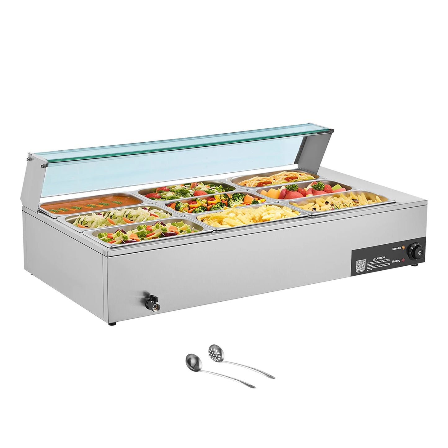SucceBuy Commercial Food Warmer Electric Stainless Steel With Glass Cover