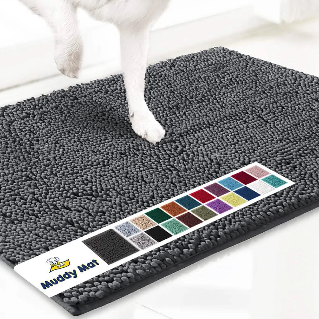 Original Muddy Mat doormat, gray microfiber paw cleaner, non-slip washable rug for pets.