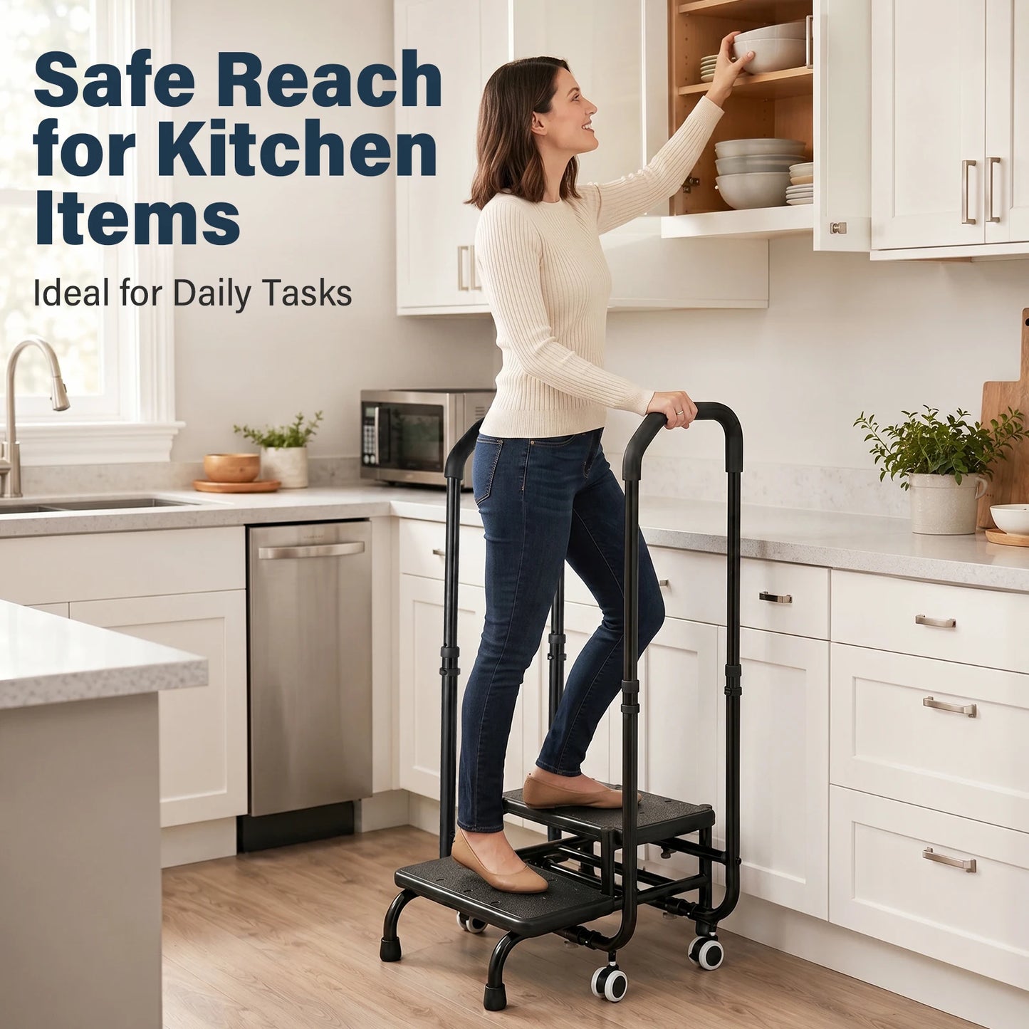 2 Step Stool with Handrail by S And B Enterprise; portable, adjustable-height stool with non-slip steps and black frame