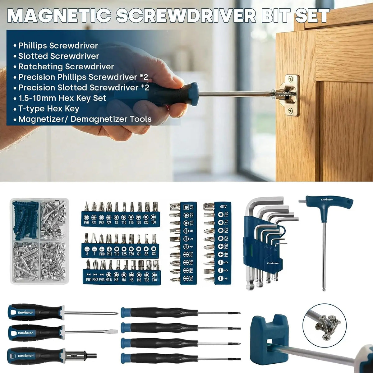 Enventor 220-piece blue tool set with screwdriver bits, hex keys and toolbox