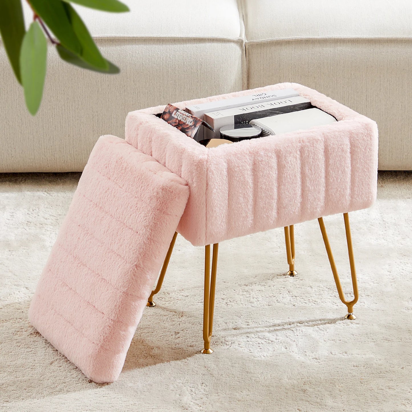 JHK Faux Fur Living Room Hidden Storage Stools & Ottomans Padded Makeup with 4 Metal Legs Anti-Slip Adjustable Feet for Home by S And B Enterprise