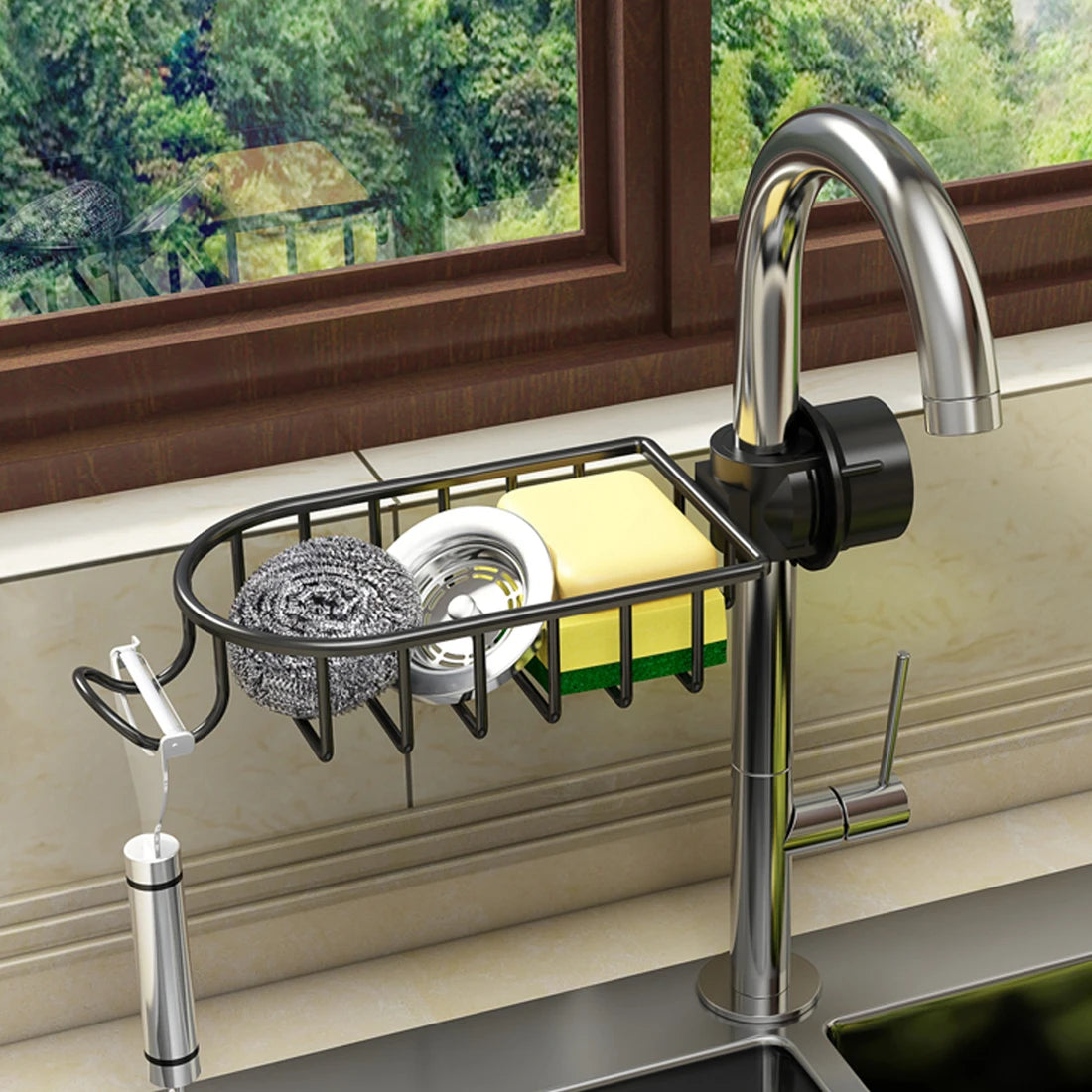 S And B Enterprise space aluminum sink drain rack with sponge storage and soap dish on a chrome faucet