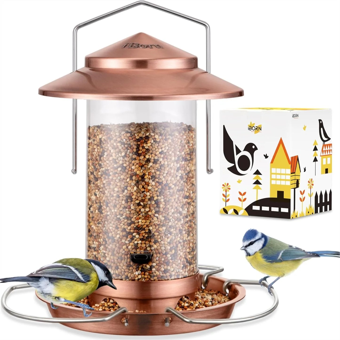 Bird feeder S And B Enterprise, brushed copper metal, squirrel-proof outdoor hanging with 3 perches