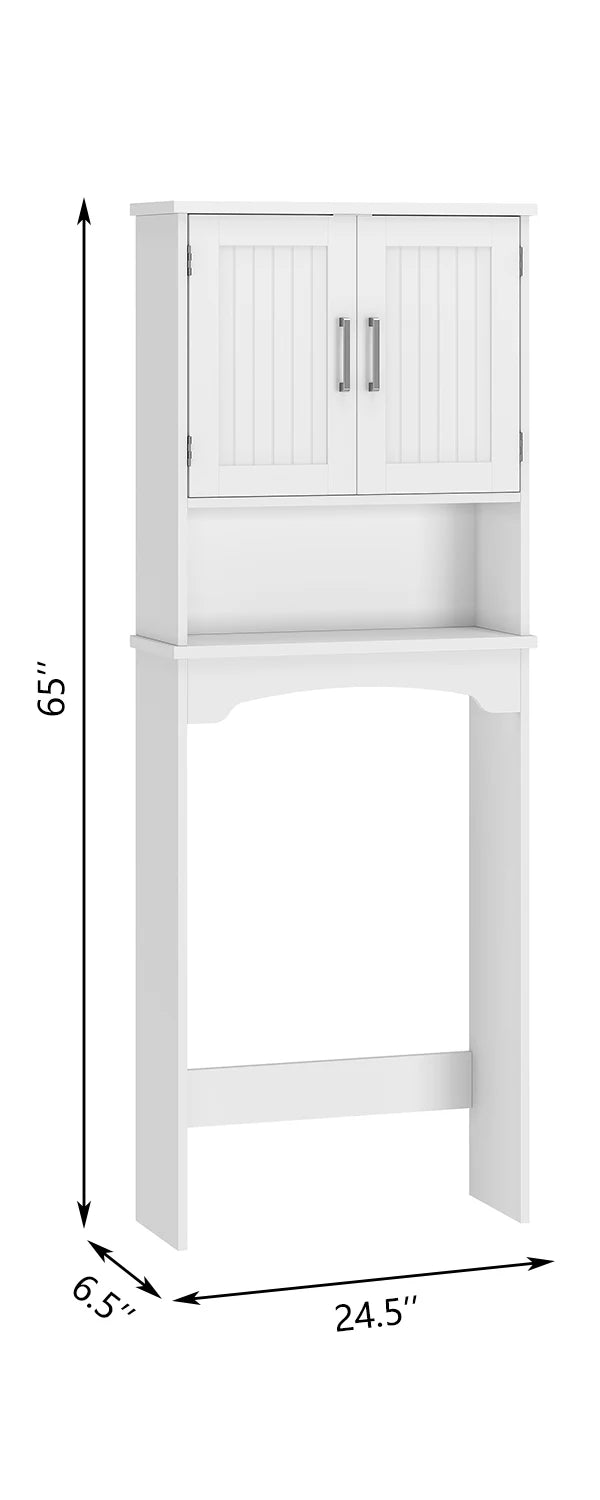 Over-the-toilet storage cabinet by S And B Enterprise; white cabinet with beadboard doors and metal handles.