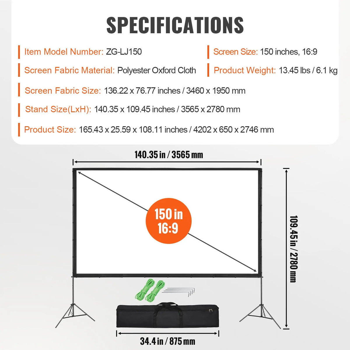 Projector screen with stand, 150-inch 16:9 outdoor cinema kit with wrinkle-free polyester screen, tripods and carry bag