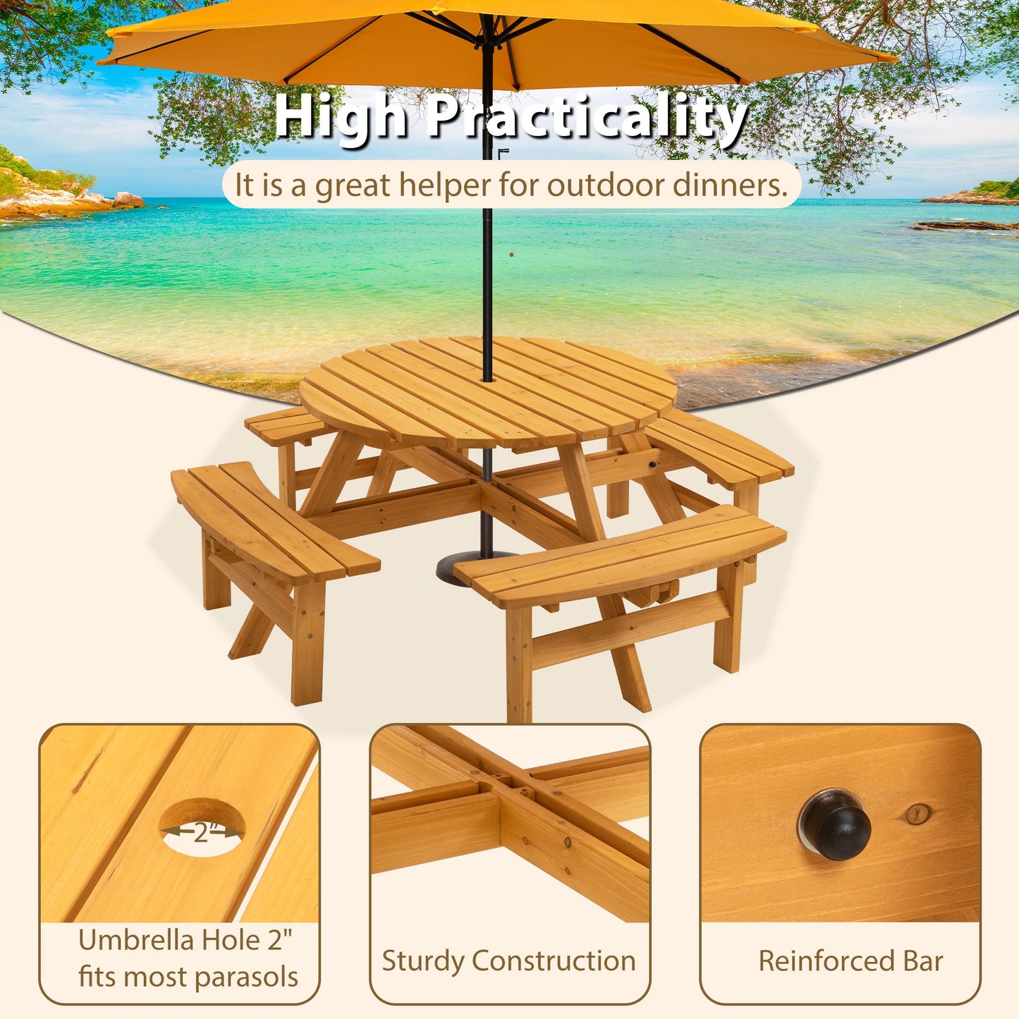 Solid Wood Round Outdoor Picnic Table Set with 4 Benches, Weather Resistant Patio Dining Furniture with Umbrella Hole for Garden Backyard Lawn BBQ Party by S And B Enterprise