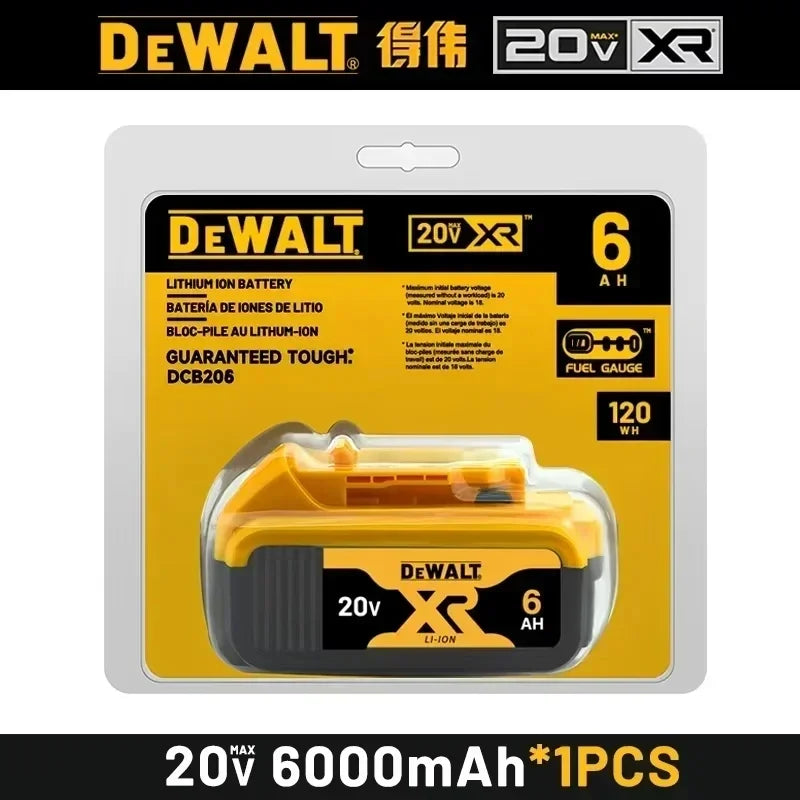 Dewalt 20V XR 6Ah lithium-ion battery in yellow/black retail packaging, 1 piece